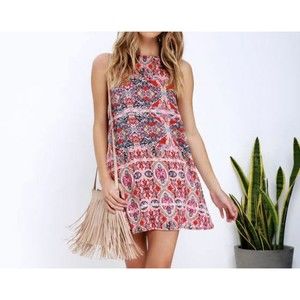 Lulus Design Major Red Multi Print Swing Dress Size medium AP1374